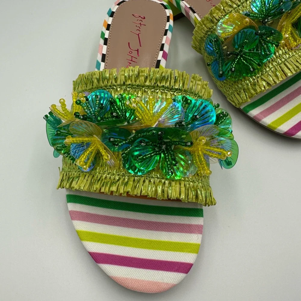 Betsey Johnson PEYTEN Beaded Butterfly Sandals 5.5M Striped Heels new in box